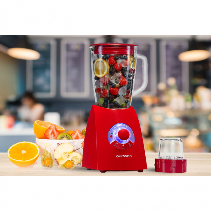 Blender + Rasnita Oursson BL0642G/RD, 600 W, 2 l, 7 Viteze, Functie Turbo/Pulse, Rosu [4]