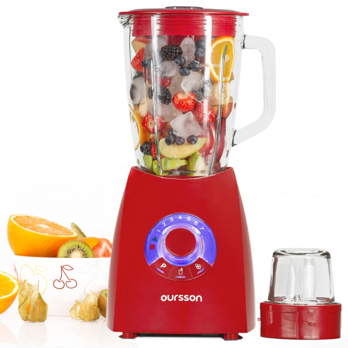 Blender + Rasnita Oursson BL0642G/RD, 600 W, 2 l, 7 Viteze, Functie Turbo/Pulse, Rosu [3]
