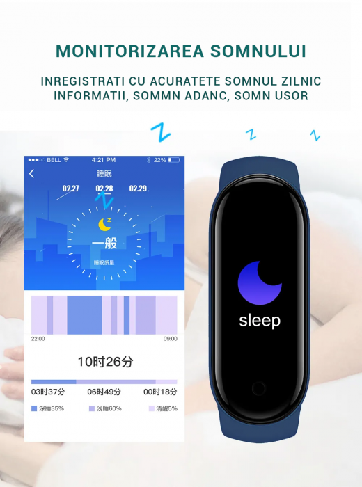 Bratara fitness M6, Ecran color HD, Bluetooth, Monitorizare somn/Ritm cardiac, Rosu [4]