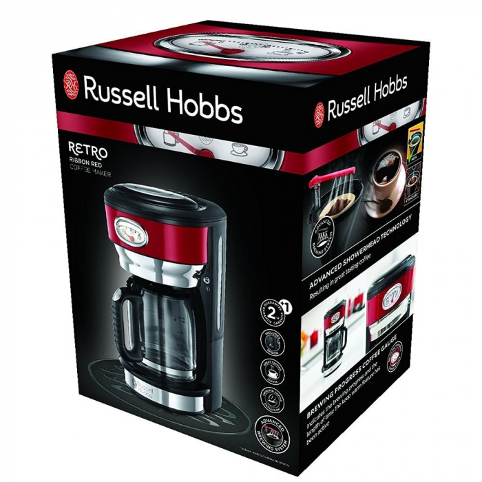 Cafetiera Russell Hobbs Retro Ribbon Red 21700-56, 1000 W, 1,25 l, Tehnologie avansata cu dus,Mentinere la cald, Rosu/Inox [5]