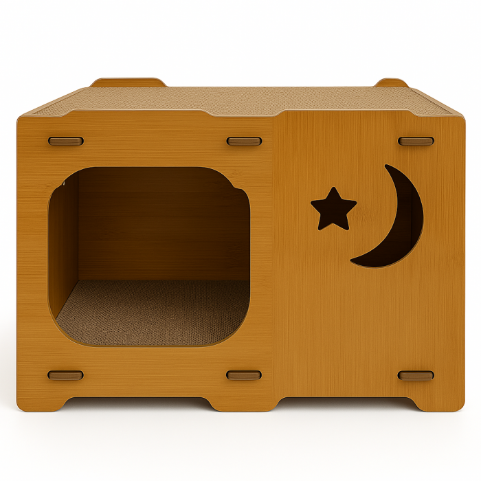 Casuta din MDF pentru pisici cu placi de zgariat si terasa, Buntz, pentru interior, 59x28.5x35cm, Maro [2]