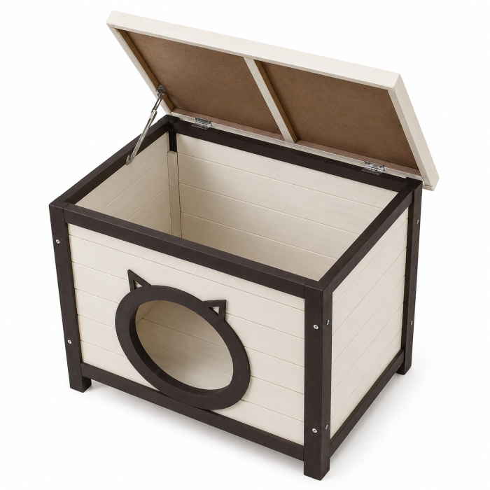 Casuta pentru pisici BUNTZ, lemn, design decorativ cu intrare forma pisica, pentru interior, 50 x 40 x 47.5 cm, crem/maro [3]