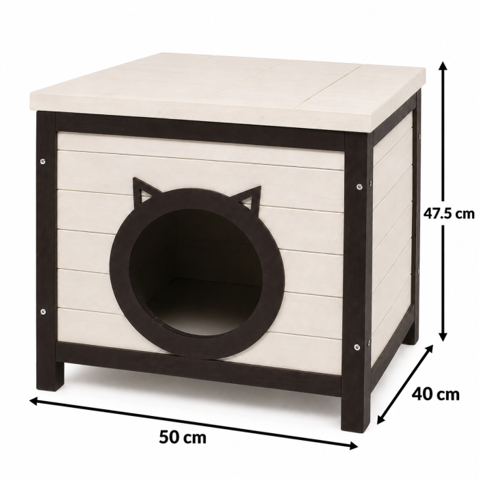 Casuta pentru pisici BUNTZ, lemn, design decorativ cu intrare forma pisica, pentru interior, 50 x 40 x 47.5 cm, crem/maro [4]