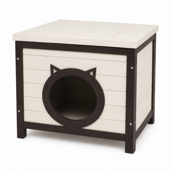 Casuta pentru pisici BUNTZ, lemn, design decorativ cu intrare forma pisica, pentru interior, 50 x 40 x 47.5 cm, crem/maro [2]