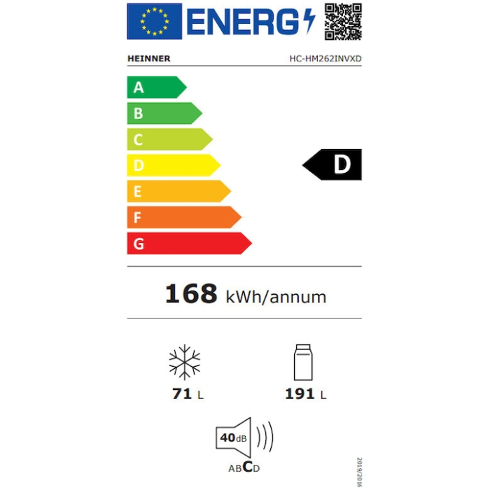 Combina frigorificaHEINNER HC-HM262INVXD, Clasa D, 262L , Control electronic cu termostat ajustabil, Lumina LED, Usa reversibila, Inox [3]
