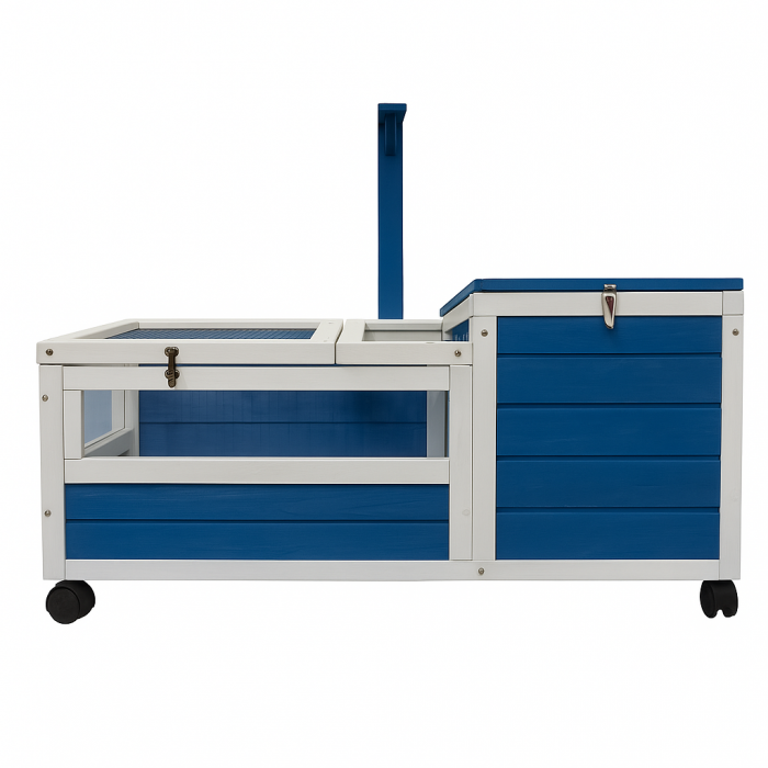 Cusca din lemn pentru broaste testoase si reptile, BUNTZ, cu acoperis rabatabil, roti si compartiment de cuibarit, 2 tavi detasabile, 99.5 x 33 x 43.5 cm, Albastru-Alb [6]
