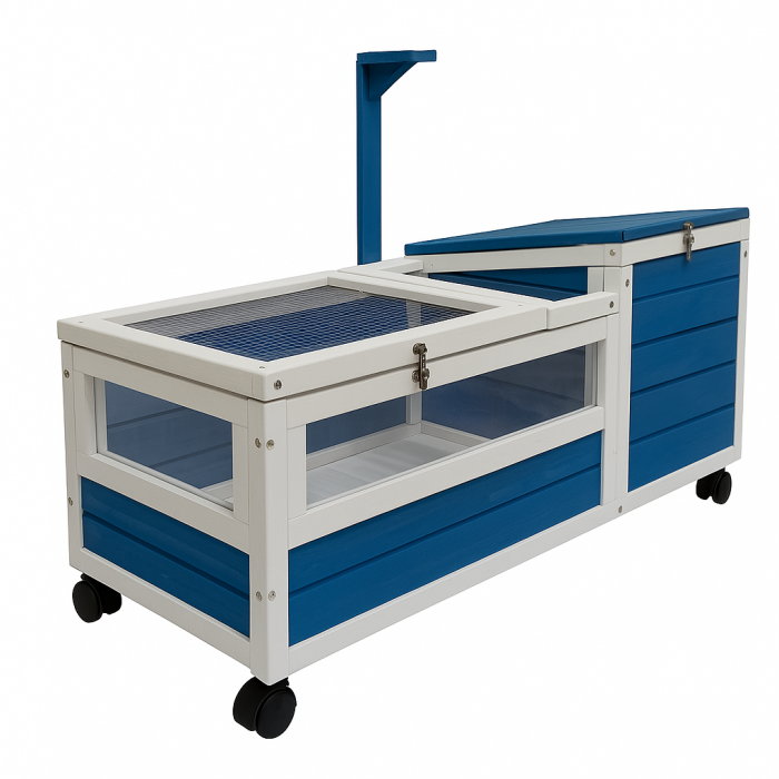 Cusca din lemn pentru broaste testoase si reptile, BUNTZ, cu acoperis rabatabil, roti si compartiment de cuibarit, 2 tavi detasabile, 99.5 x 33 x 43.5 cm, Albastru-Alb [5]