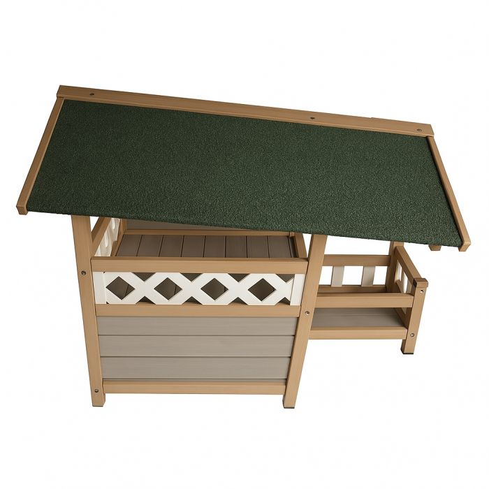 Cusca Buntz pentru caini si pisici din lemn, cu terasa si acoperis, ideal pentru animale de 5 kg, rezistenta la intemperii, 77.9x57.1x74.4cm, Bej deschis [4]