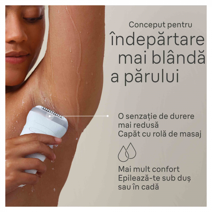 Epilator Braun Silk-épil 7 7-081 SkinSpa, Wet & Dry, MicroGrip, Smart Light, 40 de pensete, 2 viteze, Cap de ras + Pieptene, Cap pentru exfoliere, Cap pentru masaj, Saculet de voiaj, Alb/Gri [6]