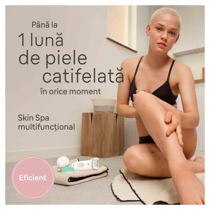 Epilator Braun Silk-épil 7 7-081 SkinSpa, Wet & Dry, MicroGrip, Smart Light, 40 de pensete, 2 viteze, Cap de ras + Pieptene, Cap pentru exfoliere, Cap pentru masaj, Saculet de voiaj, Alb/Gri [7]