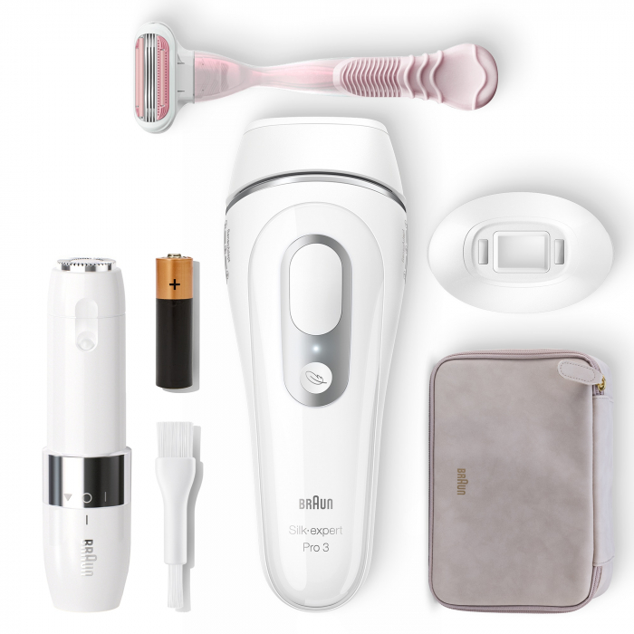 Epilator IPL Braun Silk-expert PRO 3 PL3139 Senzor automat & continuu Skin pro, 300.000 impulsuri, 3 niveluri de intensitate, 100 de impulsuri pe minut, cap de precizie, Trusa de voiaj, Aparat de ras Venus, Mini epilator facial, Alb [2]