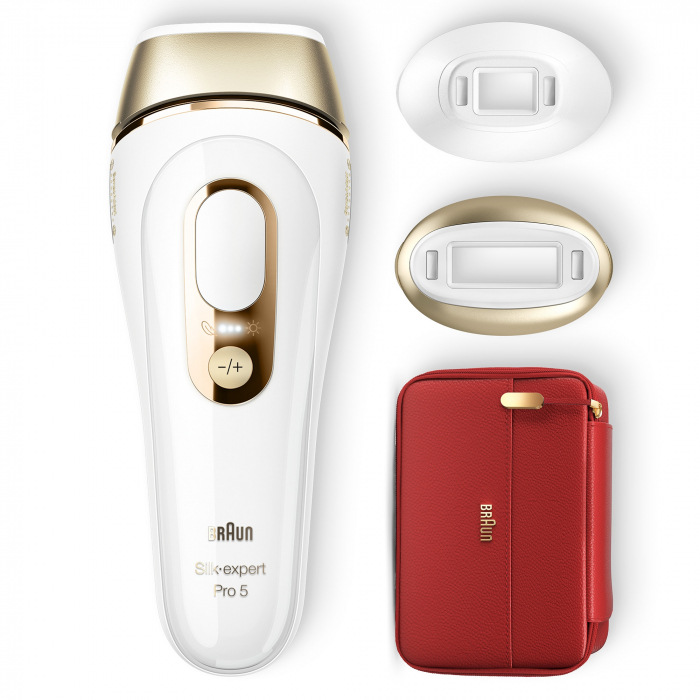 Epilator IPL Braun Silk-expert PRO 5 PL5160 Senzor automat & continuu Skin pro 2.0, 400.000 impulsuri, 10 niveluri de intensitate, 125 de impulsuri pe minut, cap de prezizie, Trusa de voiaj, Alb/Auriu [2]