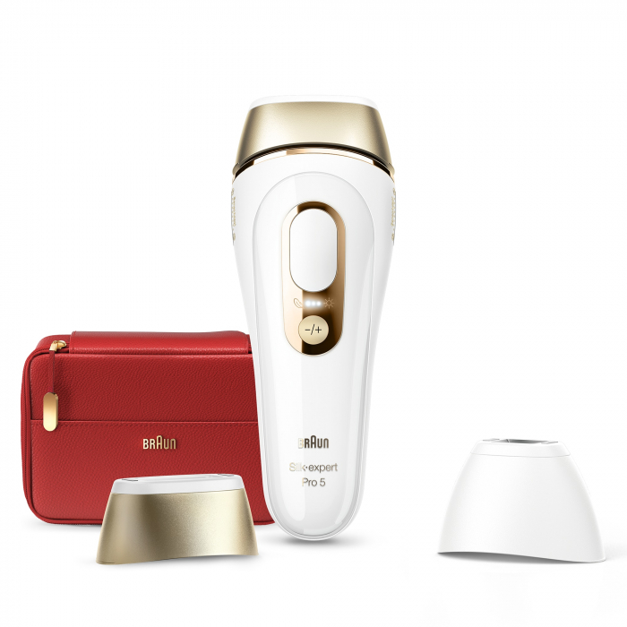Epilator IPL Braun Silk-expert PRO 5 PL5160 Senzor automat & continuu Skin pro 2.0, 400.000 impulsuri, 10 niveluri de intensitate, 125 de impulsuri pe minut, cap de prezizie, Trusa de voiaj, Alb/Auriu [3]