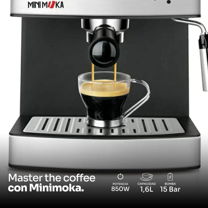 Espressor cafea Minimoka Taurus, 850 W, 1.6 l, 15 bar, 32 x 32 x 26 cm, accesorii incluse, Negru/Argintiu [9]