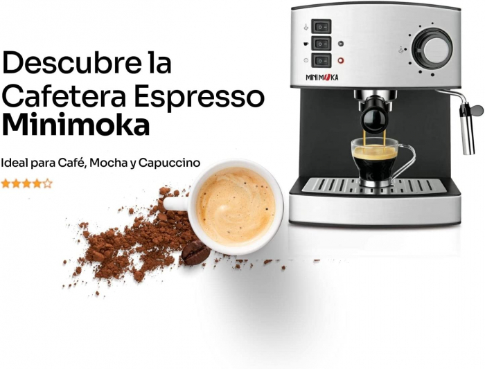 Espressor cafea Minimoka Taurus, 850 W, 1.6 l, 15 bar, 32 x 32 x 26 cm, accesorii incluse, Negru/Argintiu [2]