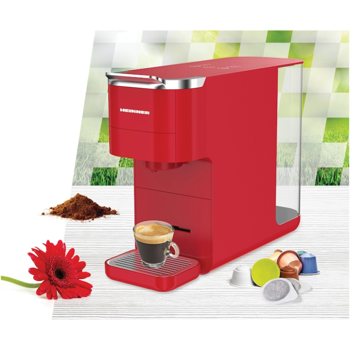 Espressor cu capsule 4 in 1 Heinner HEMC-DD15RED, 1525 W, Rezervor 1.5 l, Ecran digital si control tactil, Compatibil cu Nespresso, Dolce Gusto, Ese Pods/Cafea pudra, Cafea macinata, Rosu [4]