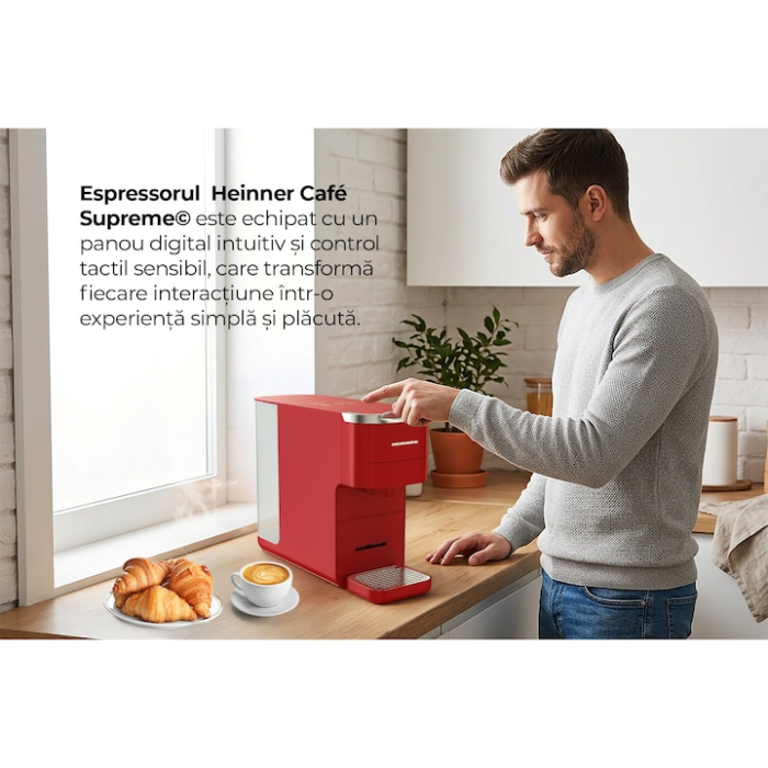 Espressor cu capsule 4 in 1 Heinner HEMC-DD15RED, 1525 W, Rezervor 1.5 l, Ecran digital si control tactil, Compatibil cu Nespresso, Dolce Gusto, Ese Pods/Cafea pudra, Cafea macinata, Rosu [8]