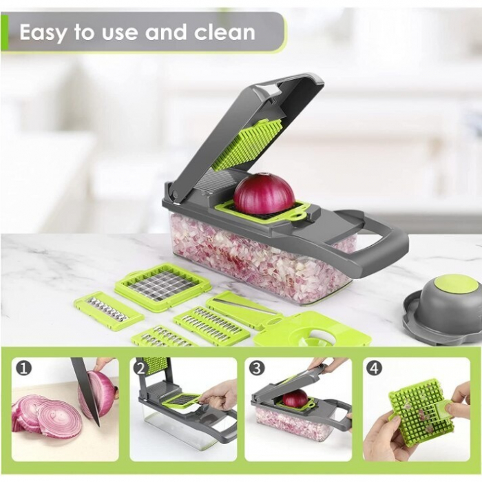 Feliator de Legume 13 in 1, multifunctional, 8 taieturi, accesorii pentru tocat, maruntit, feliat, julienne, separator de oua, lame de inox, 28 x 13 cm, verde [3]