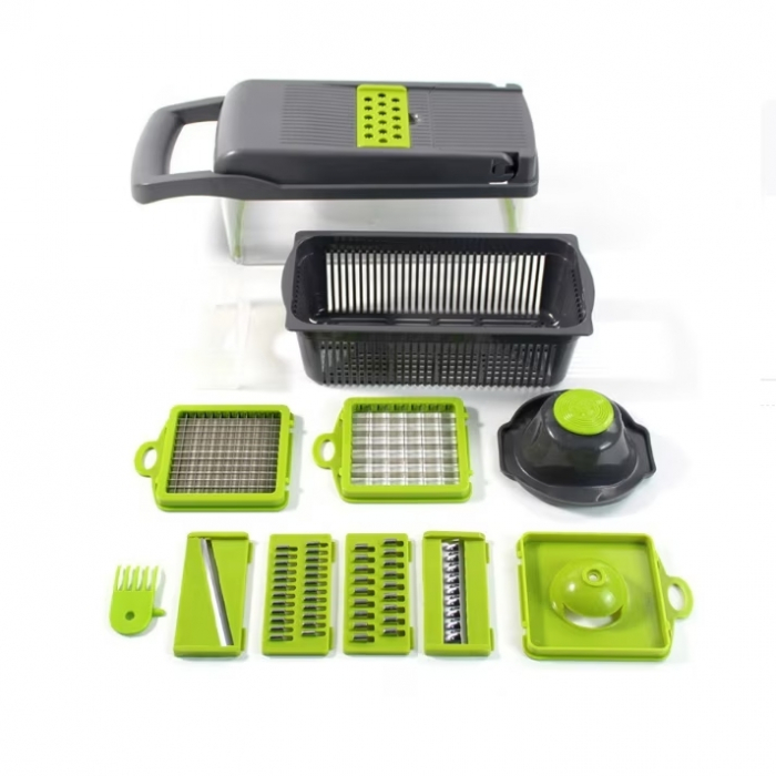 Feliator de Legume 13 in 1, multifunctional, 8 taieturi, accesorii pentru tocat, maruntit, feliat, julienne, separator de oua, lame de inox, 28 x 13 cm, verde [2]