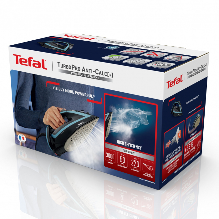 Fier de calcat Tefal Turbo Anti-Calc FV5695E1, 3000W, jet de abur 270 g/min, abur variabil 0-50 g/min, rezervor apa 300ml, talpa Durilium AirGlide Autoclean, colector anticalcar, oprire automata, negru/albastru [3]