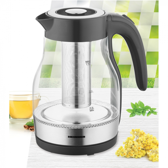 Fierbator electric cu filtru ceai Heinner HEK-TF2200GBK, 1850-2200w, 1.7l, filtru detasabil, Negru [2]