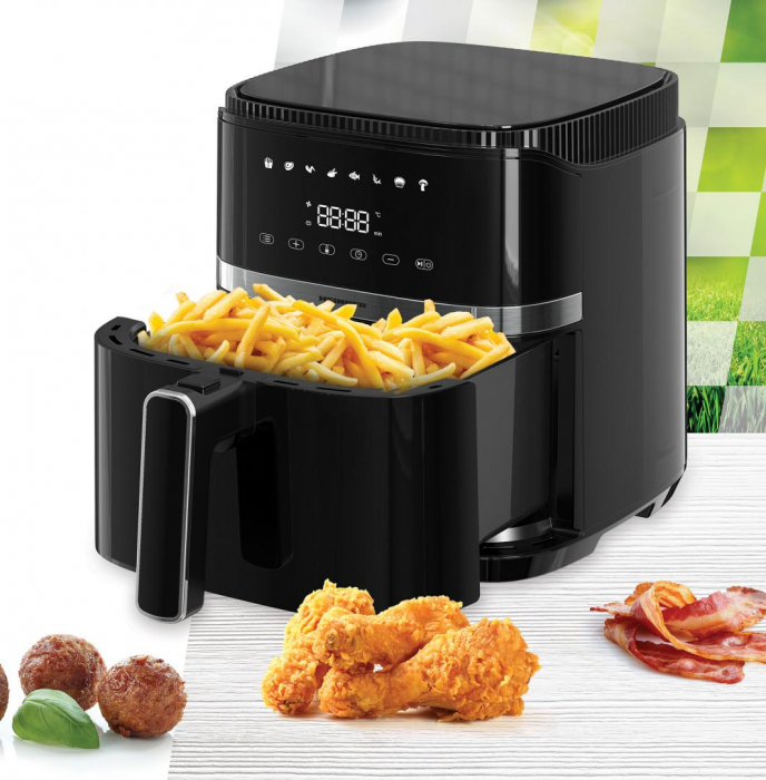 Friteuza cu aer cald Heinner Varietyfry Airfryer HAF-B5BK1500, 1500w, capacitate: 5l, display digital cu control touch, timer 60 min, temperatura 80-200 grade, 8 programe presetate, suport teflonat detasabil, oprire automata, negru [5]