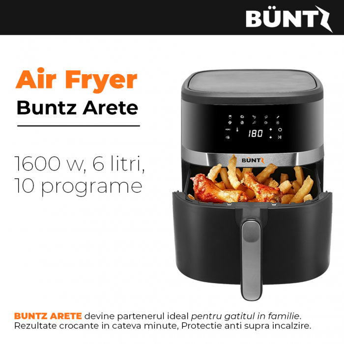 BUNTZ Air Fryer digital, XL, Arete BAF-65S, 1600W, 6.5L, control tactil, 10 programe presetate, termostat reglabil: 80-200˚ C, timer 60 min, Negru [9]