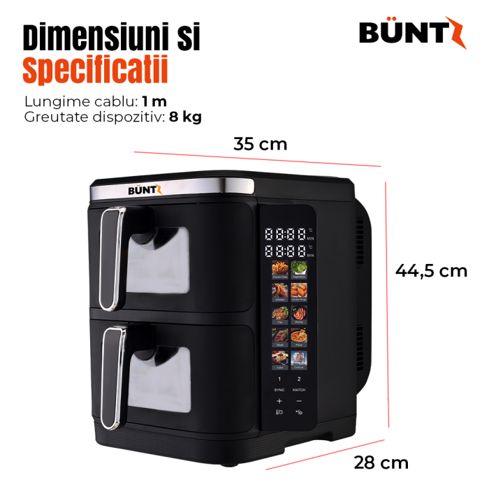 BUNTZ Air Fryer digital, Arete BAF-10x2, 2800 W, 11L, control tactil, termostat ,timer, Negru [9]