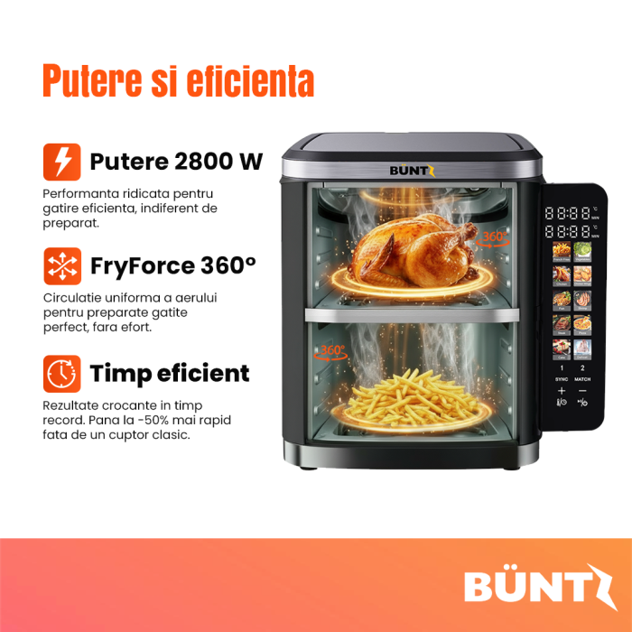 BUNTZ Air Fryer digital, Arete BAF-10x2, 2800 W, 11L, control tactil, termostat ,timer, Negru [4]