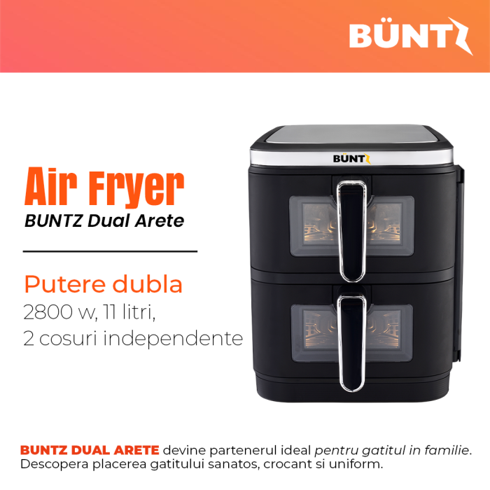 BUNTZ Air Fryer digital, Arete BAF-10x2, 2800 W, 11L, control tactil, termostat ,timer, Negru [2]