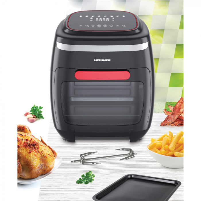 Friteuza cu aer cald Heinner Crystal Clear HAF-B2000FB, 2000W, capacitate cos 4.5L, capacitate cuptor 11L, 8 programe, 3 rafturi pentru preparare cu aer cald, tija rotisor, temperatura reglabila: 30-200˚C, temporizator: 4h, Rosu [6]