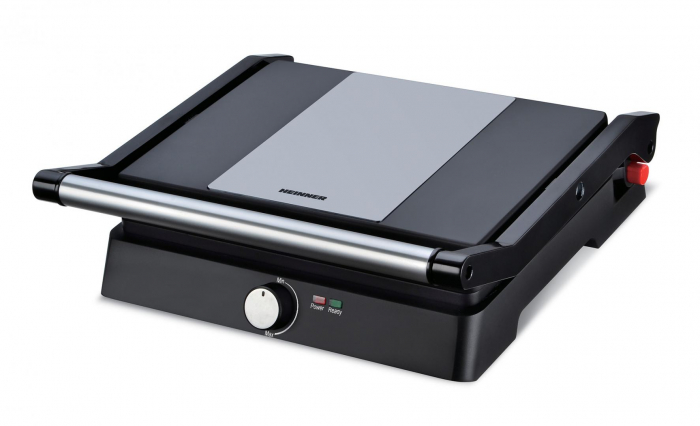 Gratar electric Heinner HEPG-F2000BKSS, placi fixe antiadezive, deschidere 180°, temperatura reglabila, Negru/Inox [3]
