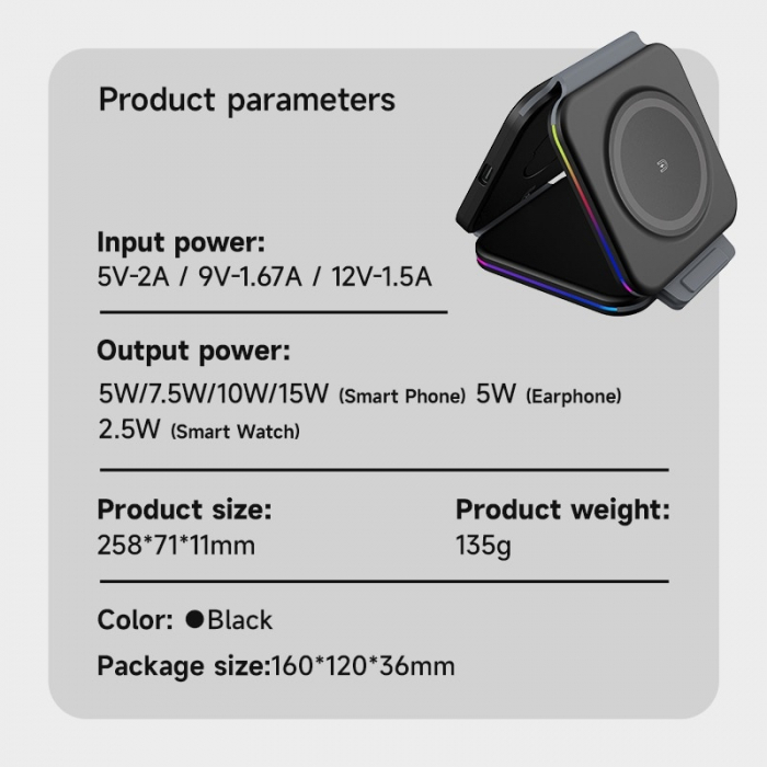Incarcator Wireless Magsafe 3 in 1, Pliabil, FastCharge 15W, Statie de incarcare cu Magsafe, compatibil cu Iphone, Samsung, Huawei, Oppo, Xiaomi, Apple Watch, Airpods Pro, Galaxy Buds, TW [7]
