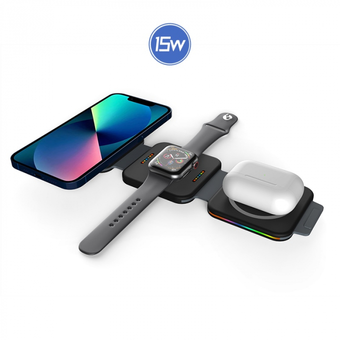 Incarcator Wireless Magsafe 3 in 1, Pliabil, FastCharge 15W, Statie de incarcare cu Magsafe, compatibil cu Iphone, Samsung, Huawei, Oppo, Xiaomi, Apple Watch, Airpods Pro, Galaxy Buds, TW [3]
