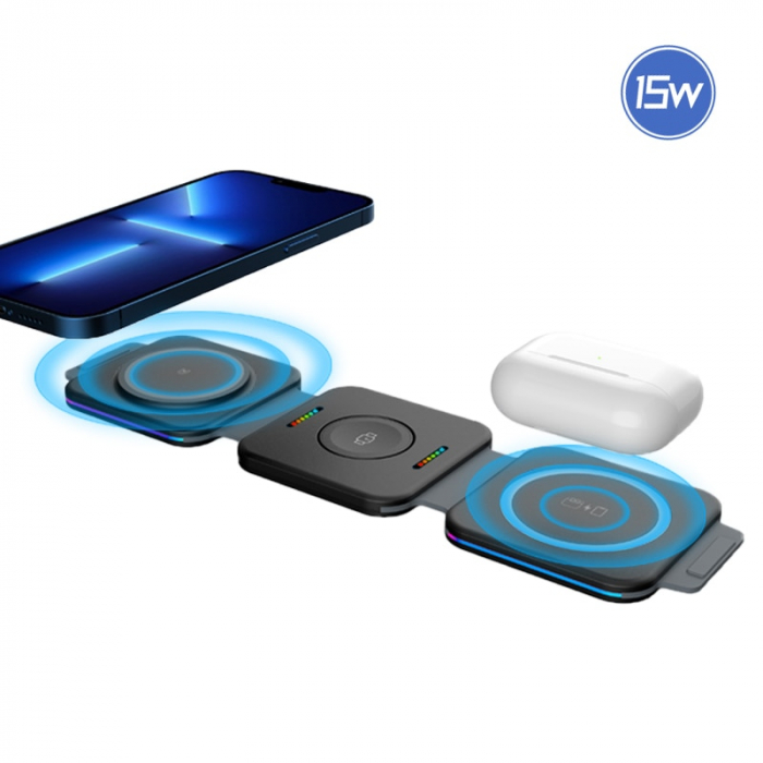 Incarcator Wireless Magsafe 3 in 1, Pliabil, FastCharge 15W, Statie de incarcare cu Magsafe, compatibil cu Iphone, Samsung, Huawei, Oppo, Xiaomi, Apple Watch, Airpods Pro, Galaxy Buds, TW [4]
