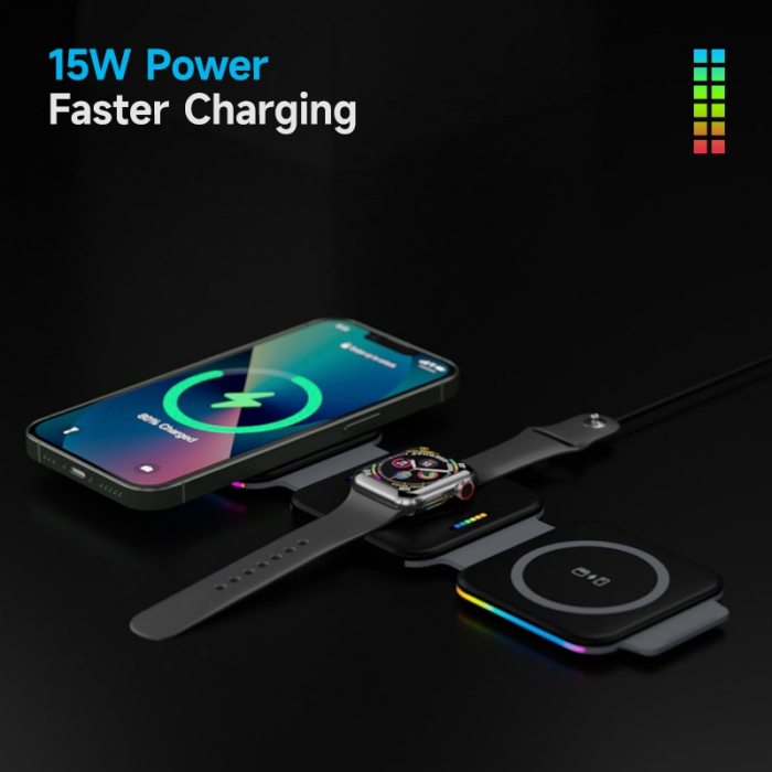Incarcator Wireless Magsafe 3 in 1, Pliabil, FastCharge 15W, Statie de incarcare cu Magsafe, compatibil cu Iphone, Samsung, Huawei, Oppo, Xiaomi, Apple Watch, Airpods Pro, Galaxy Buds, TW [8]