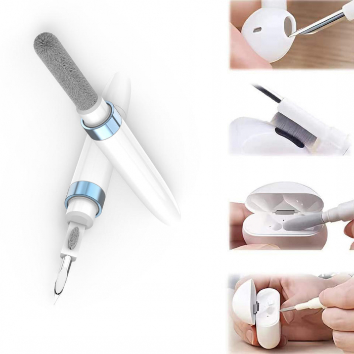 Kit 3 in 1, pentru curatare casti AirPods, Buds, wireless, bluetooth, difuzor telefon, tastatura, mufa incarcare telefon, cu 3 capete diferite, Alb [3]