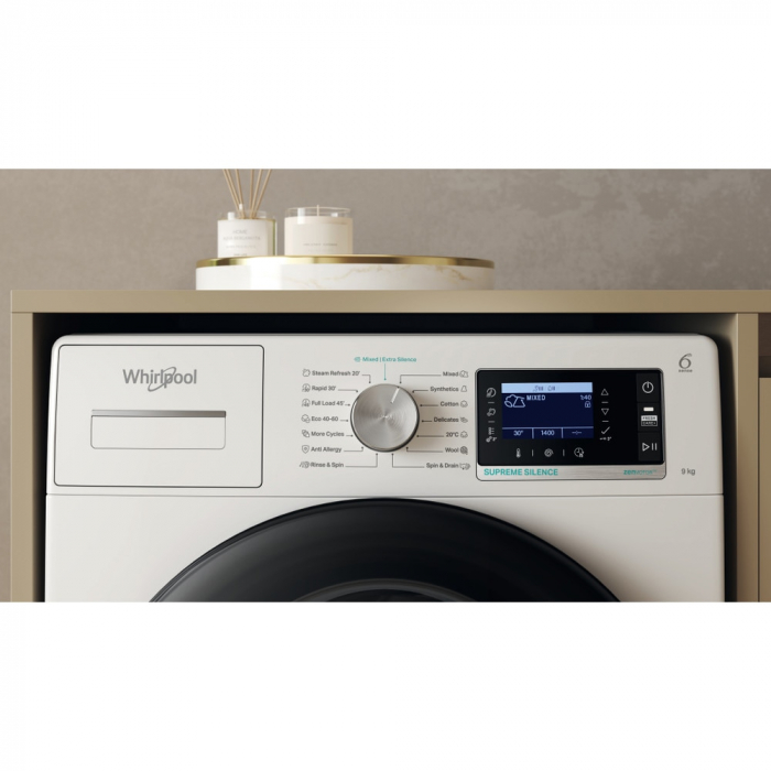 Masina de spalat rufe frontala WHIRLPOOL W6 98 SILENCE EE, Steam, 6th Sense, 9 kg, 1400rpm, Clasa A, alb [5]