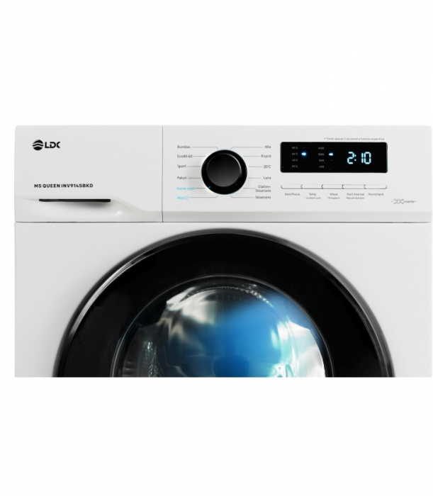 Masina de spalat rufe LDK Queen INV914SBKD, Clasa A, Capacitate 9 Kg, 1400 rpm, Steam, Amanare pornire, DrumClean, Motor Inverter, Alb [2]