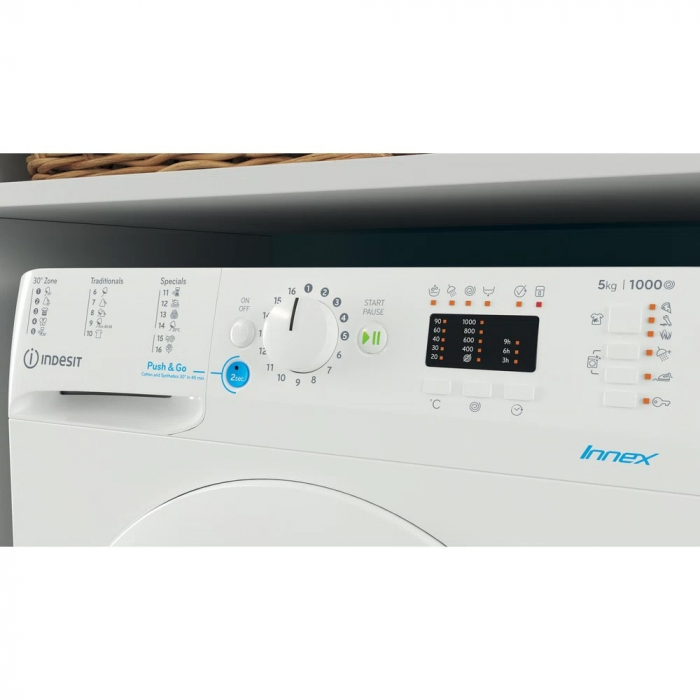 Masina de spalat rufe slim Indesit INNEX BWSA 51051 W EUN, 5 kg, 1000 rpm, Clasa F, Push&Go, Motor Universal, Display LED+, Alb [2]