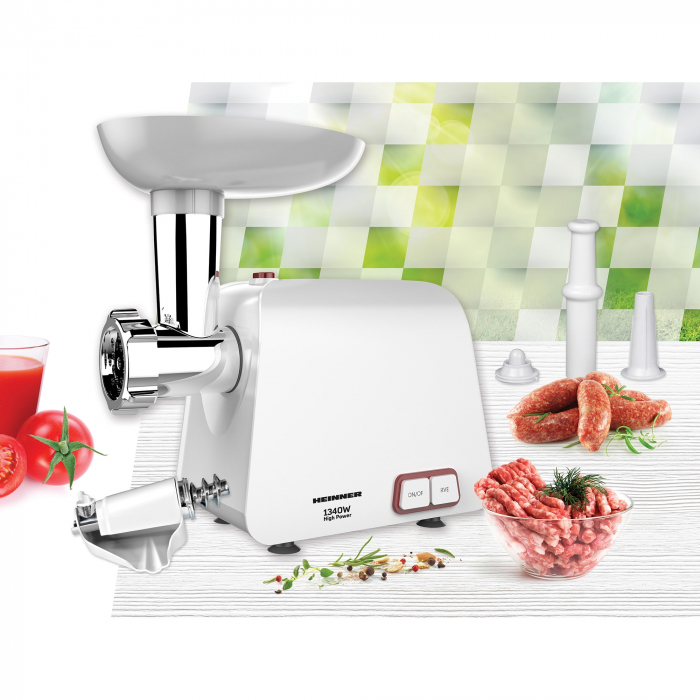 Masina de tocat Heinner Pearl 1340 MG-1340WH, 1340 W, accesoriu de rosii si carnati, cutit din inox, functie Reverse, 2 site de tăiere, capacitate de tocare 1,2 kg/min, Alb [2]