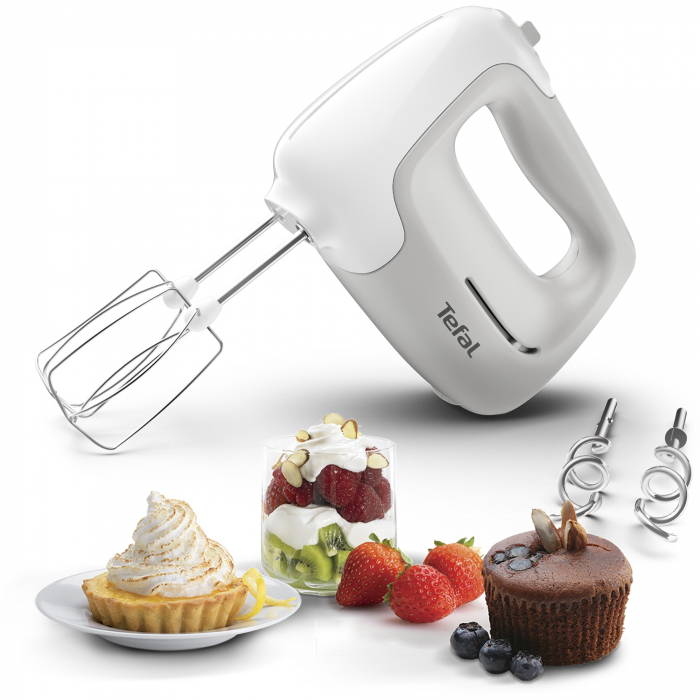 Mixer de mana TEFAL Prep'Mix HT450B38, 450W, 5 trepte viteza, functie turbo, set 2 teluri, 2 carlige, alb/ gri [7]