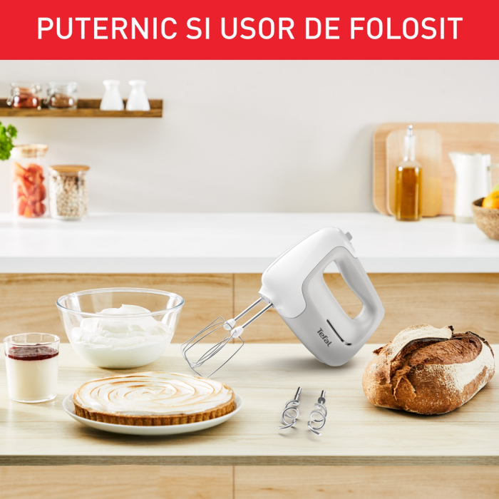 Mixer de mana TEFAL Prep'Mix HT450B38, 450W, 5 trepte viteza, functie turbo, set 2 teluri, 2 carlige, alb/ gri [9]
