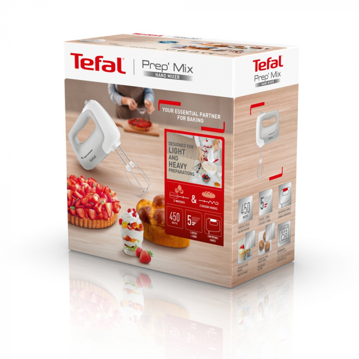Mixer de mana TEFAL Prep'Mix HT450B38, 450W, 5 trepte viteza, functie turbo, set 2 teluri, 2 carlige, alb/ gri [4]