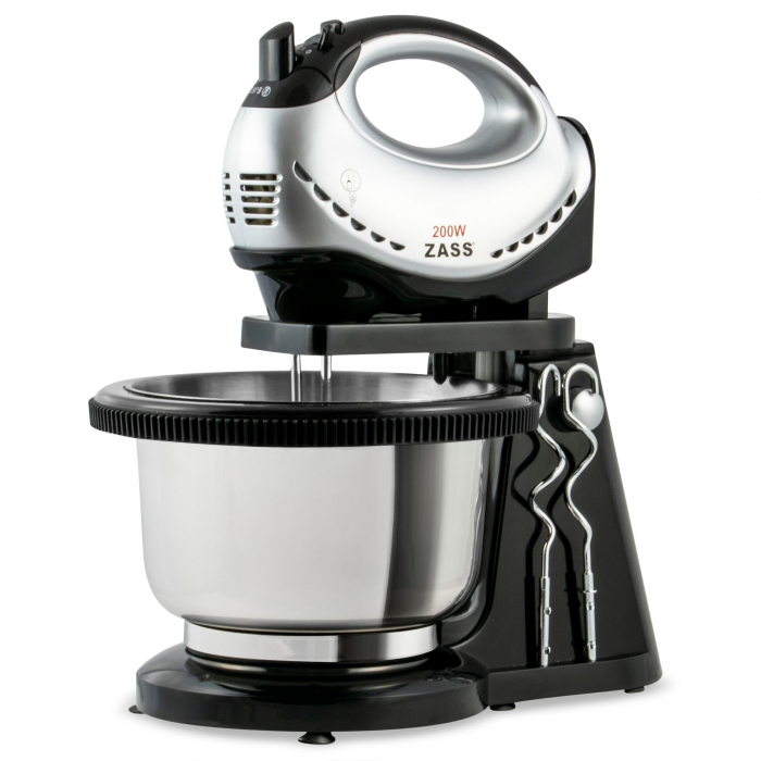 Mixer de mana Zass ZHM 05 BS, cu bol rotativ inox cu volum 3 l, 200 W, 5 trepte de viteza, functie turbo, carlige framantare si palete amestecare, argintiu si negru [2]