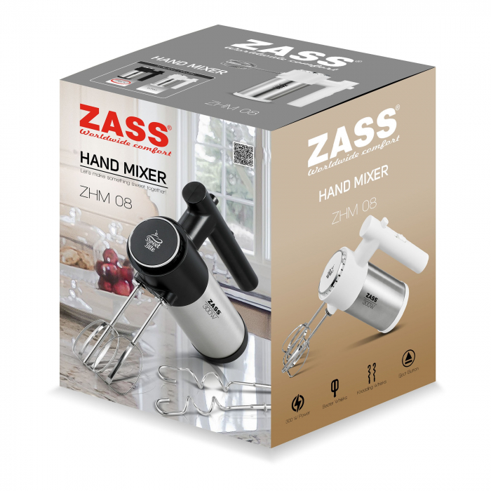 Mixer de mana Zass ZHM 08Negru, putere 300W, maner ergonomic, 5 viteze, 2 teluri si 2 carlige din inox, lungime cablu 1m [5]
