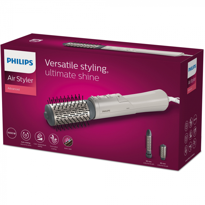 Perie rotativa cu aer cald Philips Seria 7000 BHA710/00, 1000W, ingrijire cu ioni, 2 accesorii, setare temperatura de ingrijire, peri naturali, invelis ceramic din turmalina, Alb/crem [7]