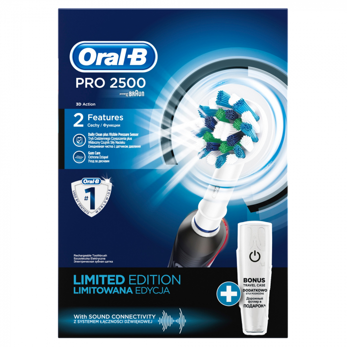 Periuta de dinti electrica Oral-B PRO 2500 Cross Action + Travel Case, reincarcabila, curatare 3D, 2 programe, 1 capat, Negru, suport de calatorie inclus [2]