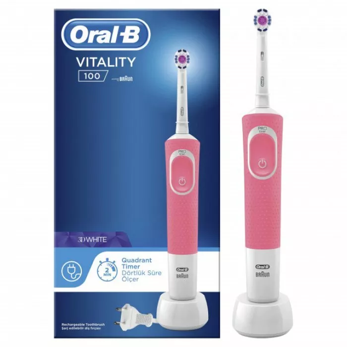 Periuta electrica de dinti Oral-B Vitality D100 3D White, 7600 Oscilatii/min, Curatare 2D, 1 program, 1 capat, roz [1]