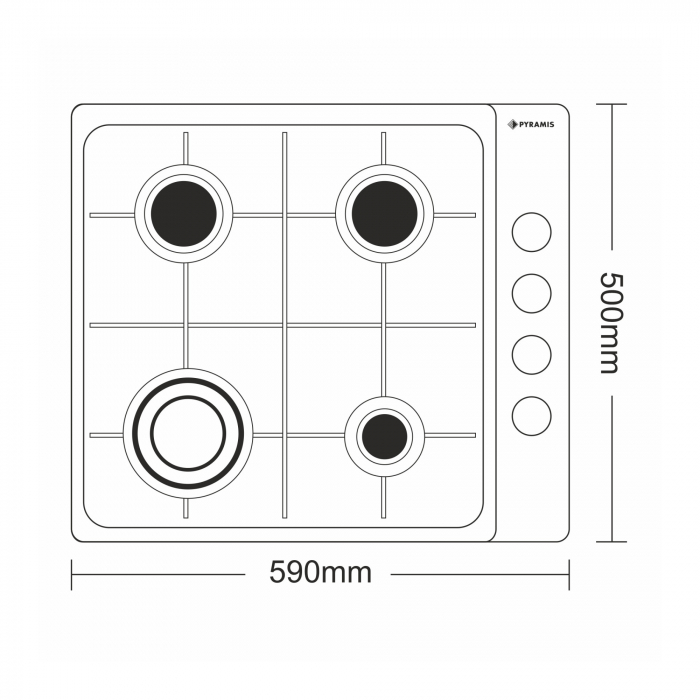 Plita gaz Pyramis 60PG 620, dimensiune 59x50cm, 4 arzatoare, gratare fonta, butoane laterale, finisaj inox [2]